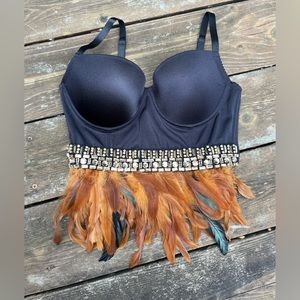 Vintage Bebe Boho Bustier with Sequins and Feather details NWT Size Small